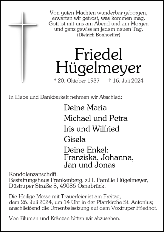 Traueranzeige von Friedel Hügelmeyer von Neue Osnabrücker Zeitung GmbH & Co. KG