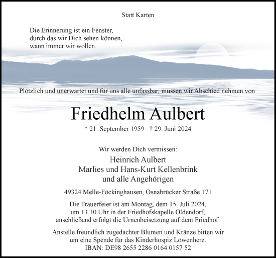 Traueranzeige von Friedhelm Aulbert von Neue Osnabrücker Zeitung GmbH & Co. KG