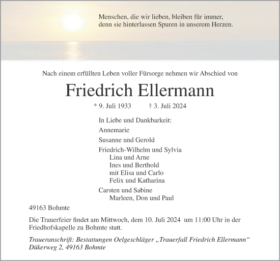 Traueranzeige von Friedrich Ellermann von Neue Osnabrücker Zeitung GmbH & Co. KG