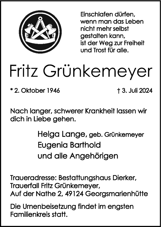 Traueranzeige von Fritz Grünkemeyer von Neue Osnabrücker Zeitung GmbH & Co. KG