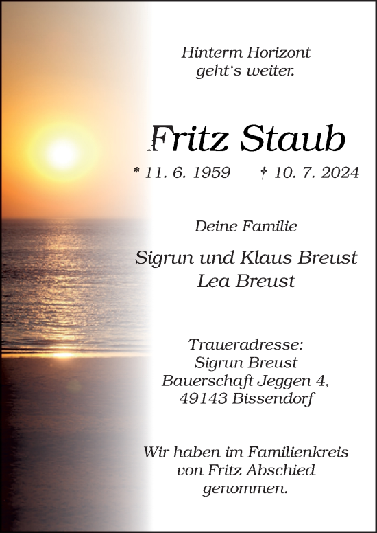 Traueranzeige von Fritz Staub von Neue Osnabrücker Zeitung GmbH & Co. KG