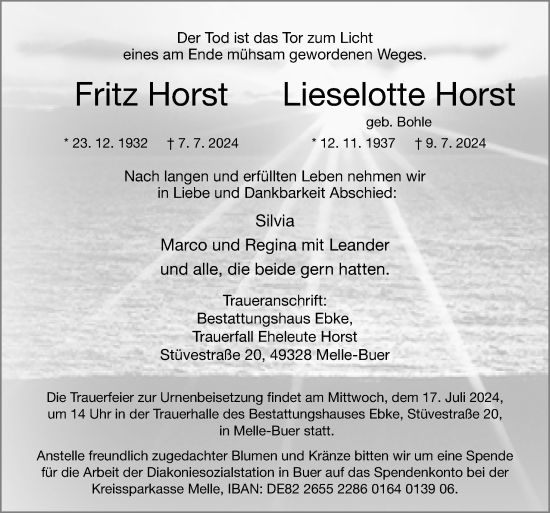 Traueranzeige von Fritz und Lieselotte Horst von Neue Osnabrücker Zeitung GmbH & Co. KG