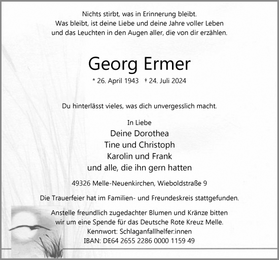 Traueranzeige von Georg Ermer von Neue Osnabrücker Zeitung GmbH & Co. KG