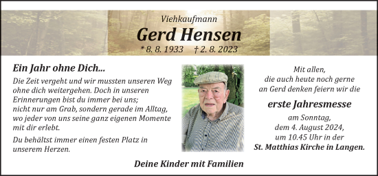 Traueranzeige von Gerd Hensen von Neue Osnabrücker Zeitung GmbH & Co. KG