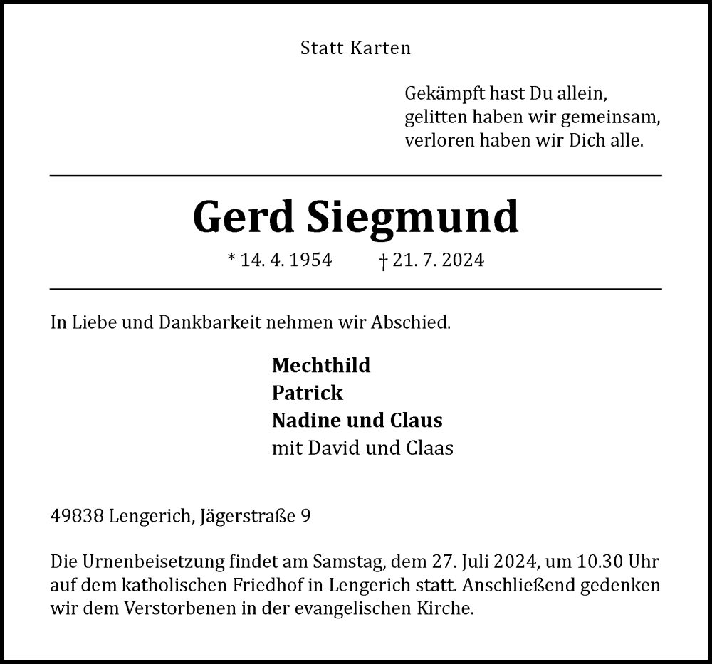  Traueranzeige für Gerd Siegmund vom 24.07.2024 aus Neue Osnabrücker Zeitung GmbH & Co. KG