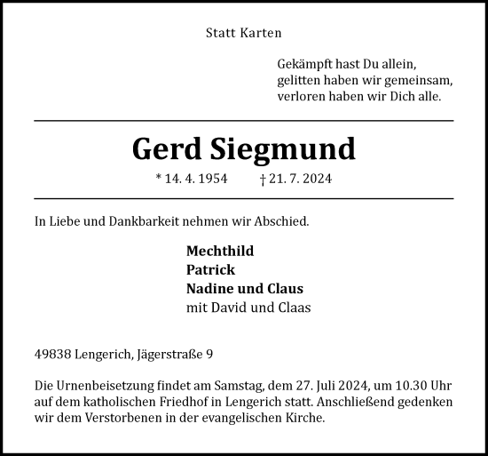 Traueranzeige von Gerd Siegmund von Neue Osnabrücker Zeitung GmbH & Co. KG