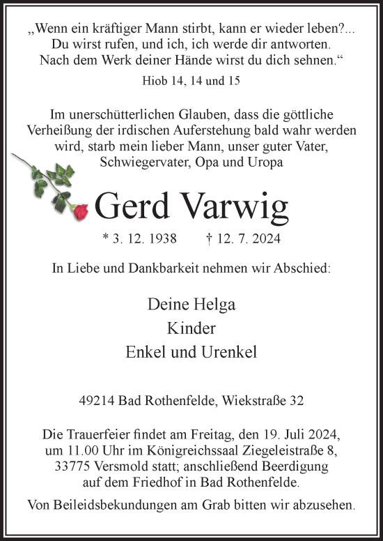 Traueranzeige von Gerd Varwig von Neue Osnabrücker Zeitung GmbH & Co. KG