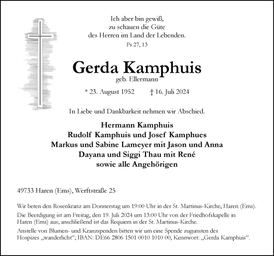 Traueranzeige von Gerda Kamphuis von Neue Osnabrücker Zeitung GmbH & Co. KG
