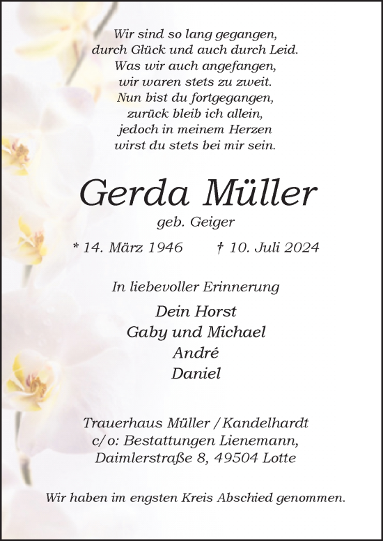 Traueranzeige von Gerda Müller von Neue Osnabrücker Zeitung GmbH & Co. KG