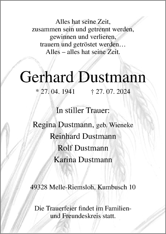 Traueranzeige von Gerhard Dustmann von Neue Osnabrücker Zeitung GmbH & Co. KG