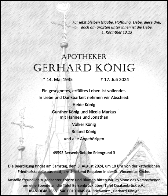 Traueranzeige von Gerhard König von Neue Osnabrücker Zeitung GmbH & Co. KG