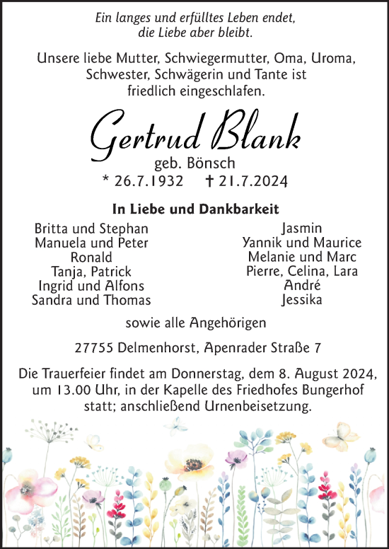 Traueranzeige von Gertrud Blank von DK Medien GmbH & Co. KG