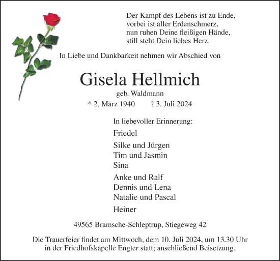 Traueranzeige von Gisela Hellmich von Neue Osnabrücker Zeitung GmbH & Co. KG