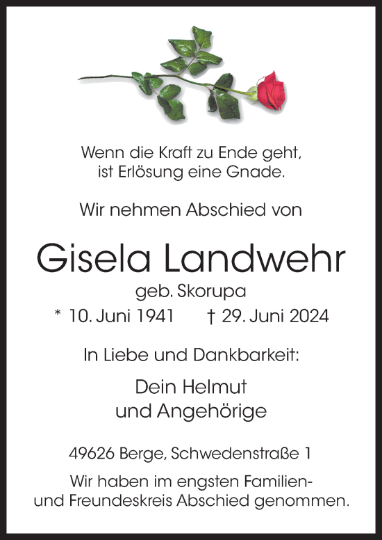 Traueranzeige von Gisela Landwehr von Neue Osnabrücker Zeitung GmbH & Co. KG