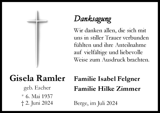 Traueranzeige von Gisela Ramler von Neue Osnabrücker Zeitung GmbH & Co. KG