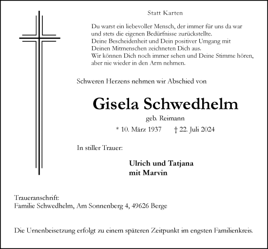 Traueranzeige von Gisela Schwedhelm von Neue Osnabrücker Zeitung GmbH & Co. KG