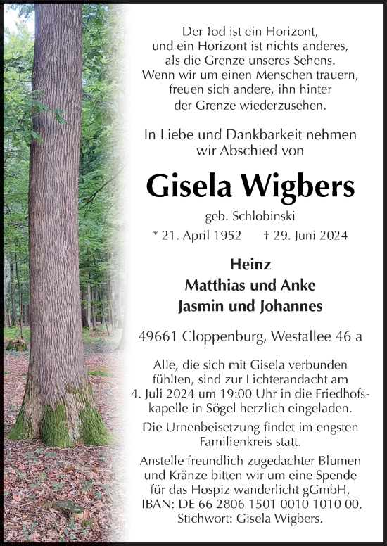 Traueranzeige von Gisela Wigbers von Neue Osnabrücker Zeitung GmbH & Co. KG