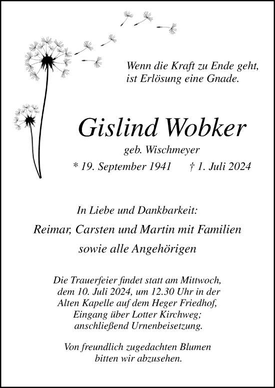 Traueranzeige von Gislind Wobker von Neue Osnabrücker Zeitung GmbH & Co. KG