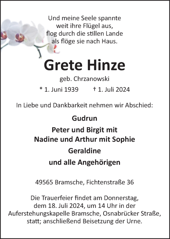 Traueranzeige von Grete Hinze von Neue Osnabrücker Zeitung GmbH & Co. KG