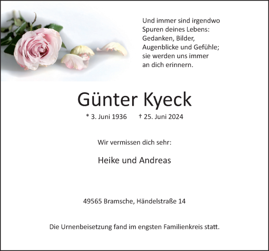 Traueranzeige von Günter Kyeck von Neue Osnabrücker Zeitung GmbH & Co. KG