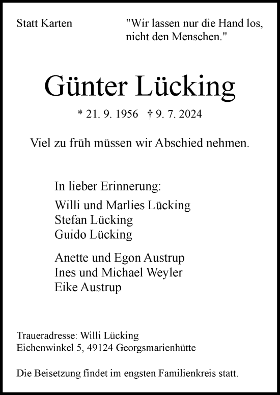 Traueranzeige von Günter Lücking von Neue Osnabrücker Zeitung GmbH & Co. KG