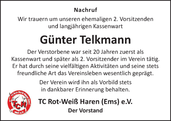 Traueranzeige von Günter Telkmann von Neue Osnabrücker Zeitung GmbH & Co. KG