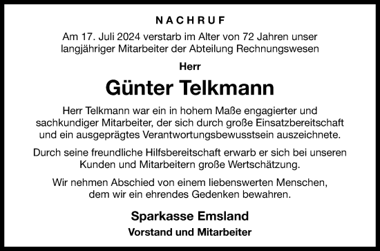 Traueranzeige von Günter Telkmann von Neue Osnabrücker Zeitung GmbH & Co. KG
