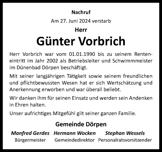 Traueranzeige von Günter Vorbrich von Neue Osnabrücker Zeitung GmbH & Co. KG