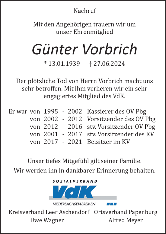 Traueranzeige von Günter Vorbrich von Neue Osnabrücker Zeitung GmbH & Co. KG