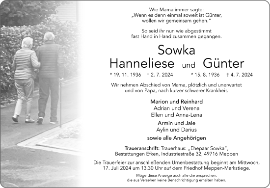 Traueranzeige von Hanneliese und Günter Sowka von Neue Osnabrücker Zeitung GmbH & Co. KG
