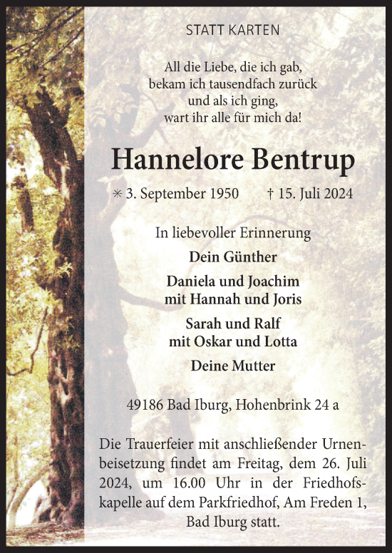 Traueranzeige von Hannelore Bentrup von Neue Osnabrücker Zeitung GmbH & Co. KG