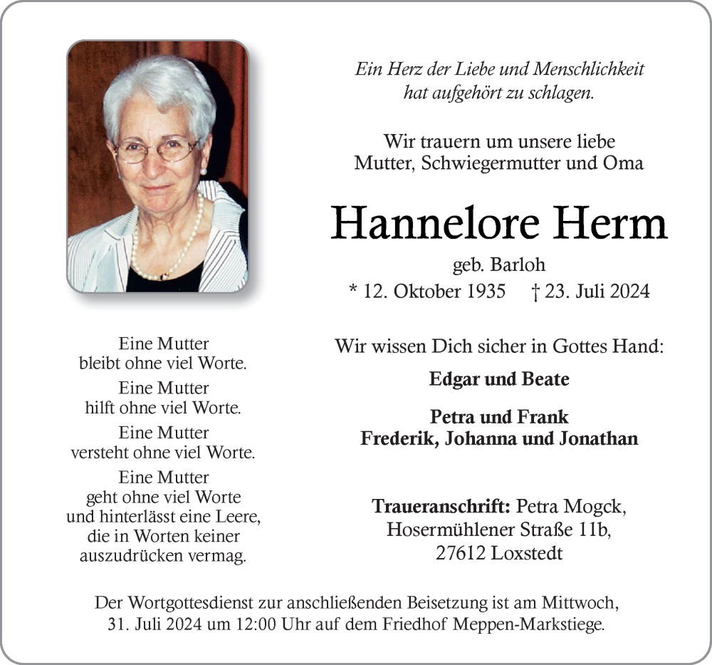  Traueranzeige für Hannelore Herm vom 27.07.2024 aus Neue Osnabrücker Zeitung GmbH & Co. KG