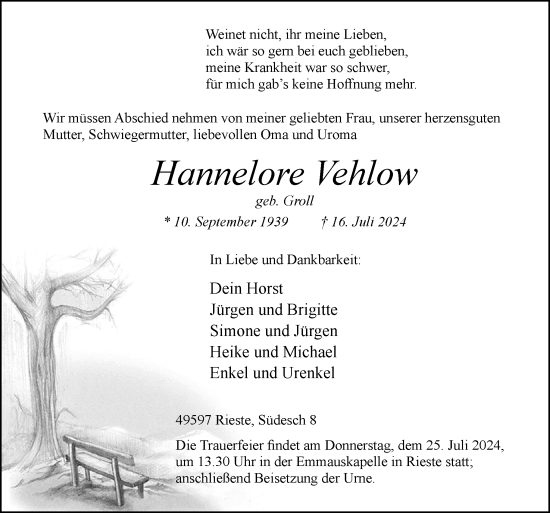 Traueranzeige von Hannelore Vehlow von Neue Osnabrücker Zeitung GmbH & Co. KG