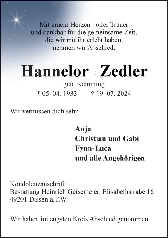 Traueranzeige von Hannelore Zedler von Neue Osnabrücker Zeitung GmbH & Co. KG