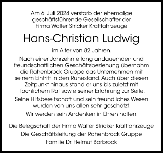 Traueranzeige von Hans-Christian Ludwig von Neue Osnabrücker Zeitung GmbH & Co. KG