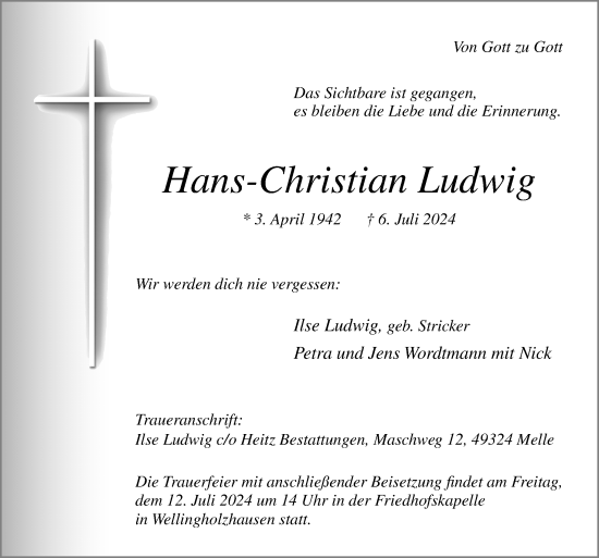 Traueranzeige von Hans-Christian Ludwig von Neue Osnabrücker Zeitung GmbH & Co. KG