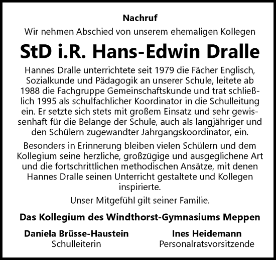 Traueranzeige von Hans-Edwin Dralle von Neue Osnabrücker Zeitung GmbH & Co. KG