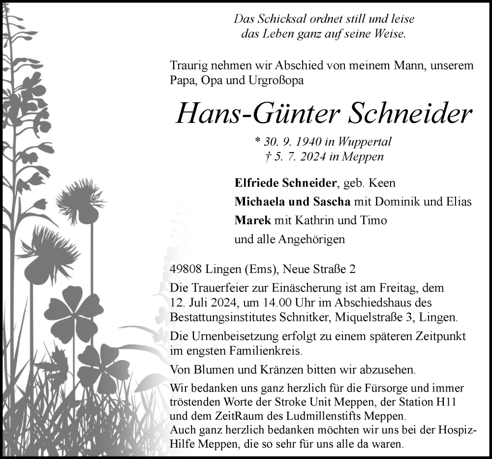  Traueranzeige für Hans-Günter Schneider vom 10.07.2024 aus Neue Osnabrücker Zeitung GmbH & Co. KG
