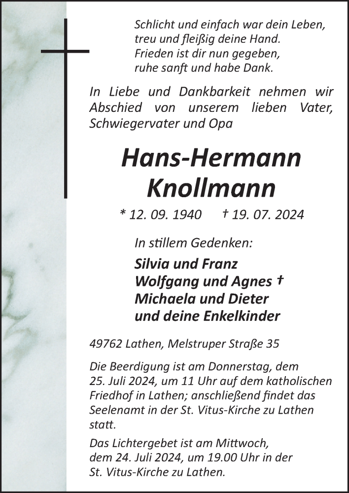  Traueranzeige für Hans-Hermann Knollmann vom 23.07.2024 aus Neue Osnabrücker Zeitung GmbH & Co. KG