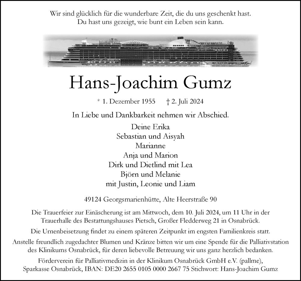  Traueranzeige für Hans-Joachim Gumz vom 06.07.2024 aus Neue Osnabrücker Zeitung GmbH & Co. KG