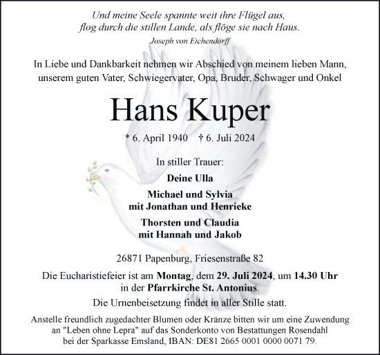 Traueranzeige von Hans Kuper von Neue Osnabrücker Zeitung GmbH & Co. KG