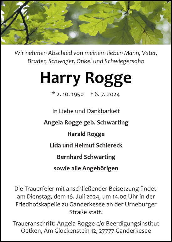 Traueranzeige von Harry Rogge von DK Medien GmbH & Co. KG