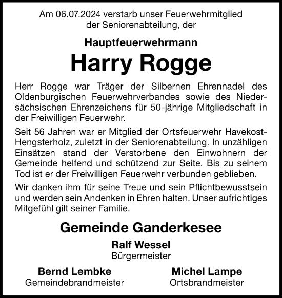 Traueranzeige von Harry Rogge von DK Medien GmbH & Co. KG