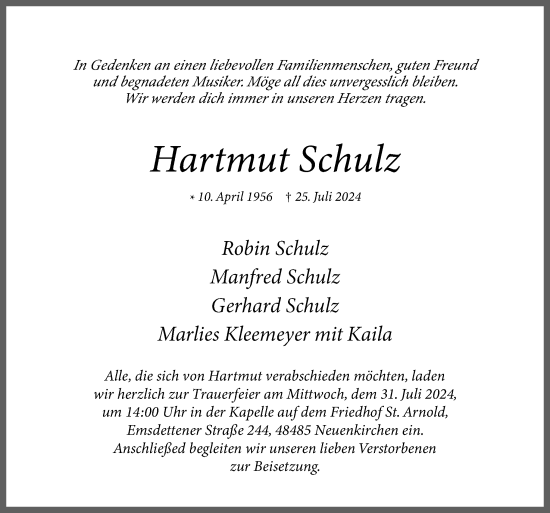 Traueranzeige von Hartmut Schulz von Neue Osnabrücker Zeitung GmbH & Co. KG