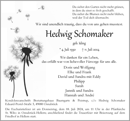 Traueranzeige von Hedwig Schomaker von Neue Osnabrücker Zeitung GmbH & Co. KG