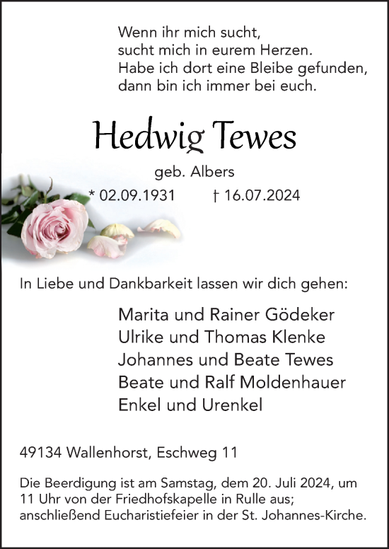 Traueranzeige von Hedwig Tewes von Neue Osnabrücker Zeitung GmbH & Co. KG