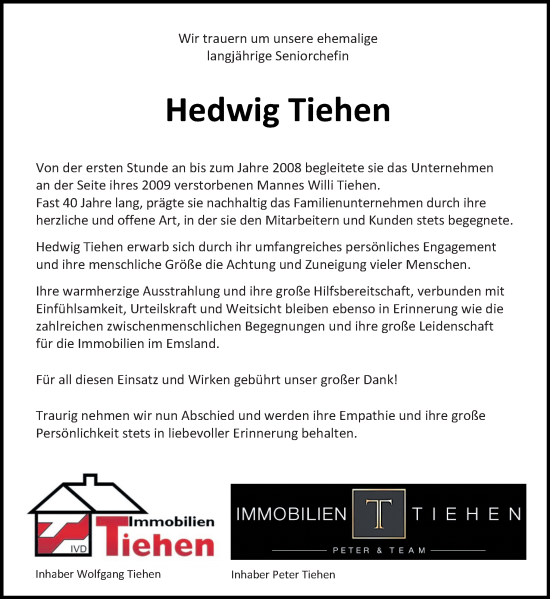 Traueranzeige von Hedwig Tiehen von Neue Osnabrücker Zeitung GmbH & Co. KG