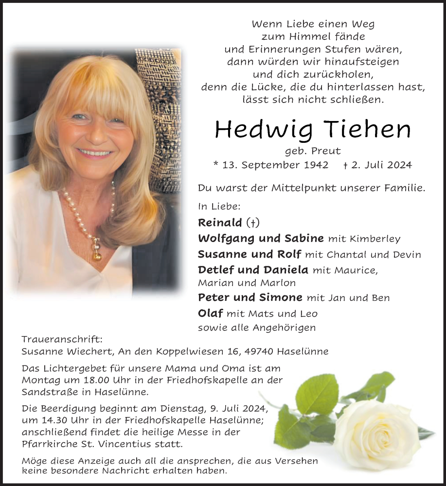  Traueranzeige für Hedwig Tiehen vom 06.07.2024 aus Neue Osnabrücker Zeitung GmbH & Co. KG