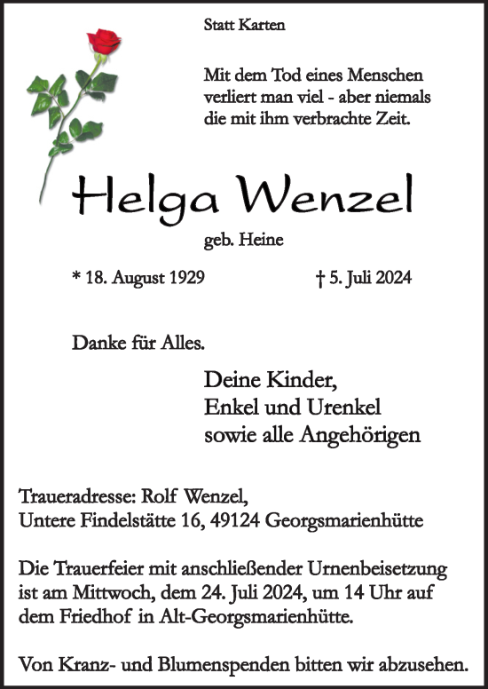 Traueranzeige von Heelga Wenzel von Neue Osnabrücker Zeitung GmbH & Co. KG