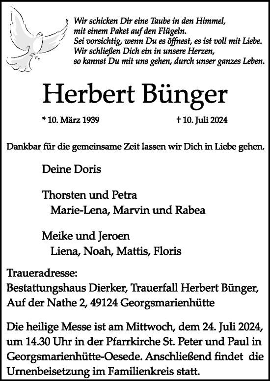 Traueranzeige von Heerbert Bünger von Neue Osnabrücker Zeitung GmbH & Co. KG